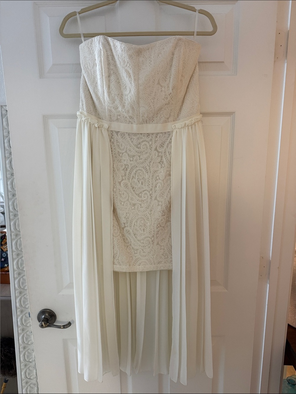 RACHEL Rachel Roy Ivory Strapless Lace Dress with Chiffon Overlay Panels